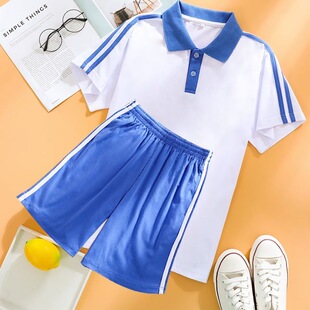 套装 T恤女宽松班服裤 男T毕业照 短袖 夏天学生校服两道杠翻领polo衫