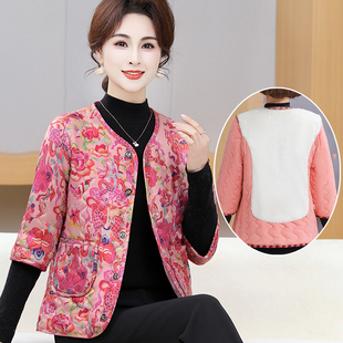 中老年女装碎花短款外套妈妈装加绒保暖开衫上衣加绒加厚棉衣女