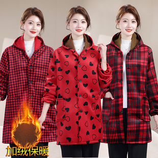 中老年女装秋冬装加大码罩衣妈妈装加绒加厚外套中长款工作罩衣服