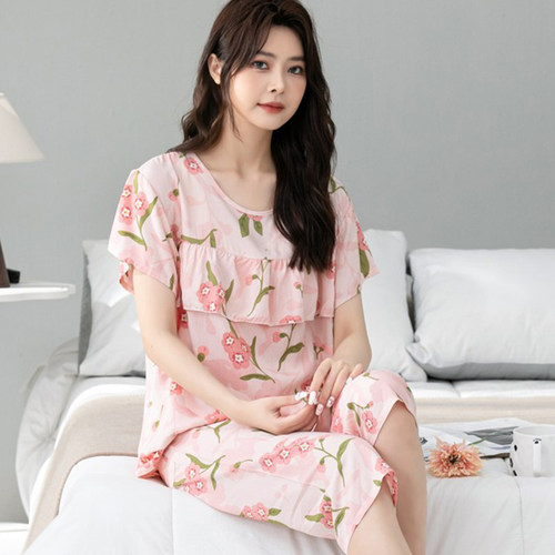 棉绸睡衣女夏季短袖套装绵绸中老年妈妈大码人造棉家居服女可外穿