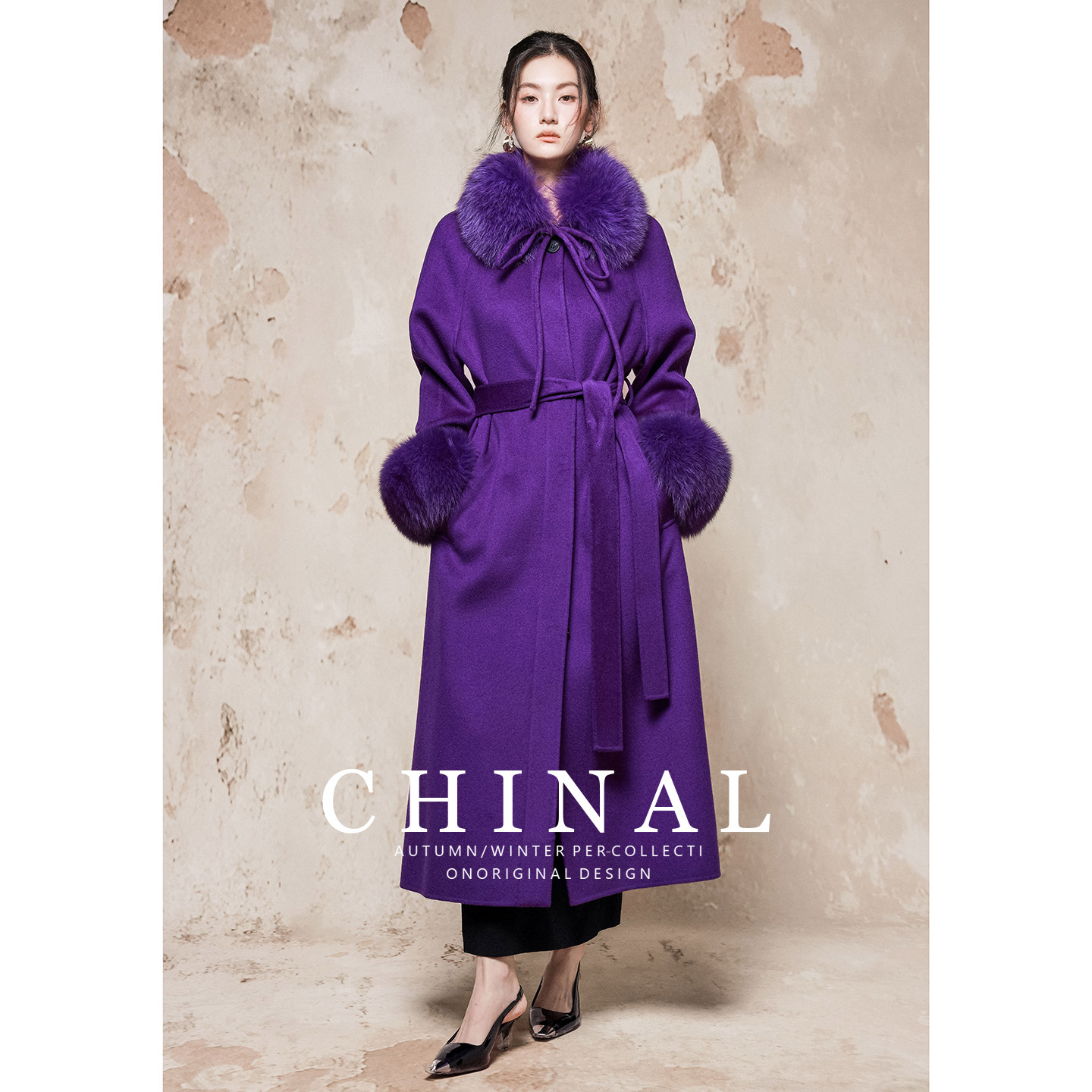 CHINAL冬装新款重磅高奢收腰长款双面羊绒大衣女真狐狸毛羊毛外套