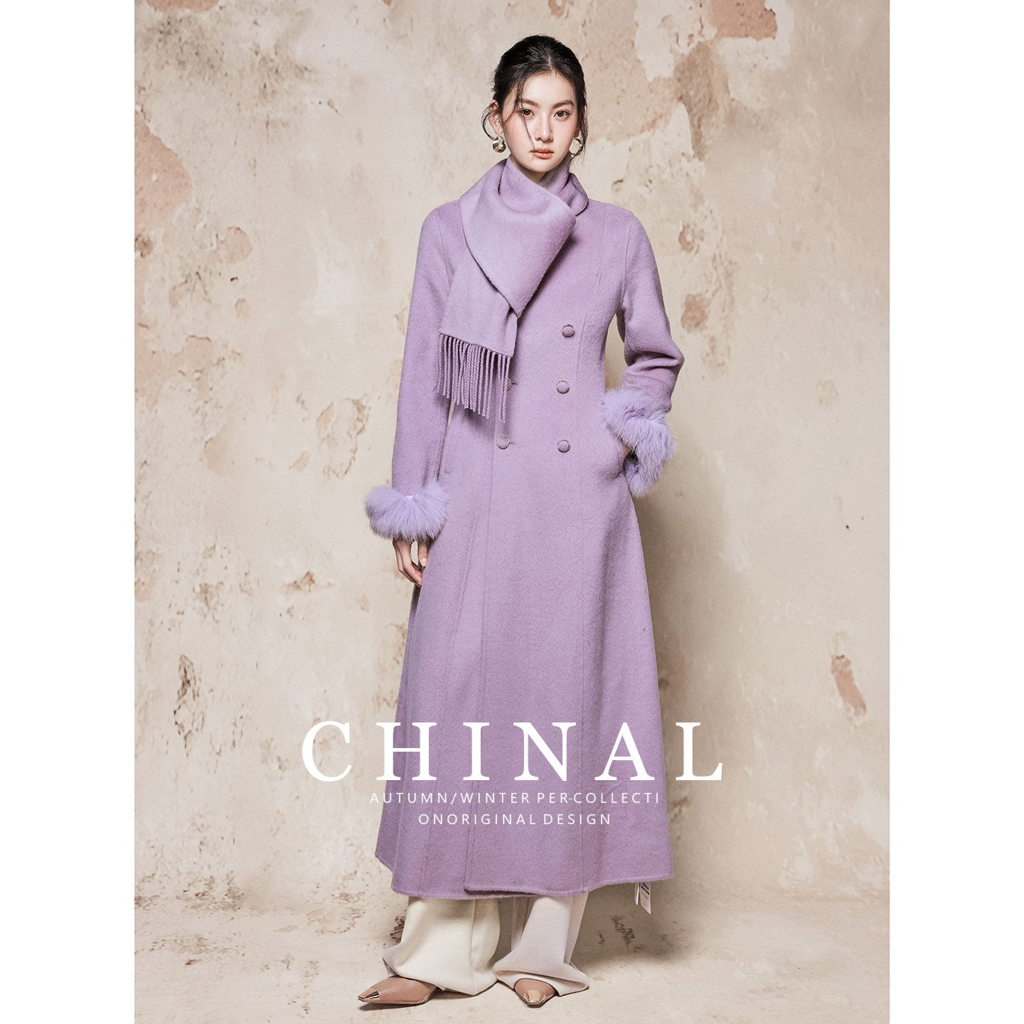 CHINA冬装新款100绵羊毛中长款外套女狐狸毛袖双面羊绒呢子大衣女
