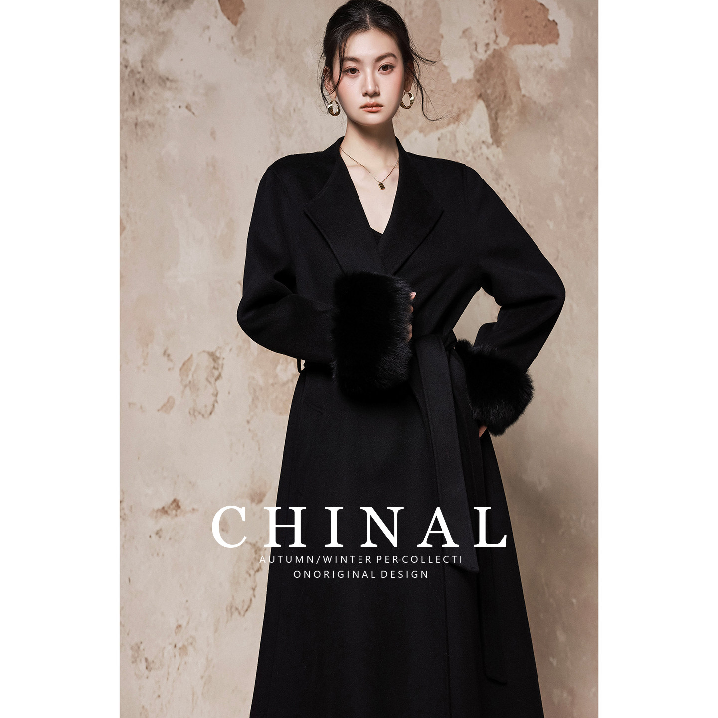 CHINAL冬新款极简风中长款羊毛呢外套女黑色狐狸毛双面呢羊绒大衣