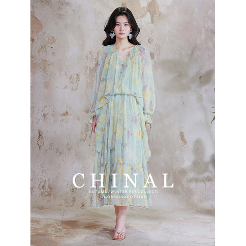 CHINAL夏季新款温柔风气质假两件连衣裙子雪纺飘逸漂亮复古长裙