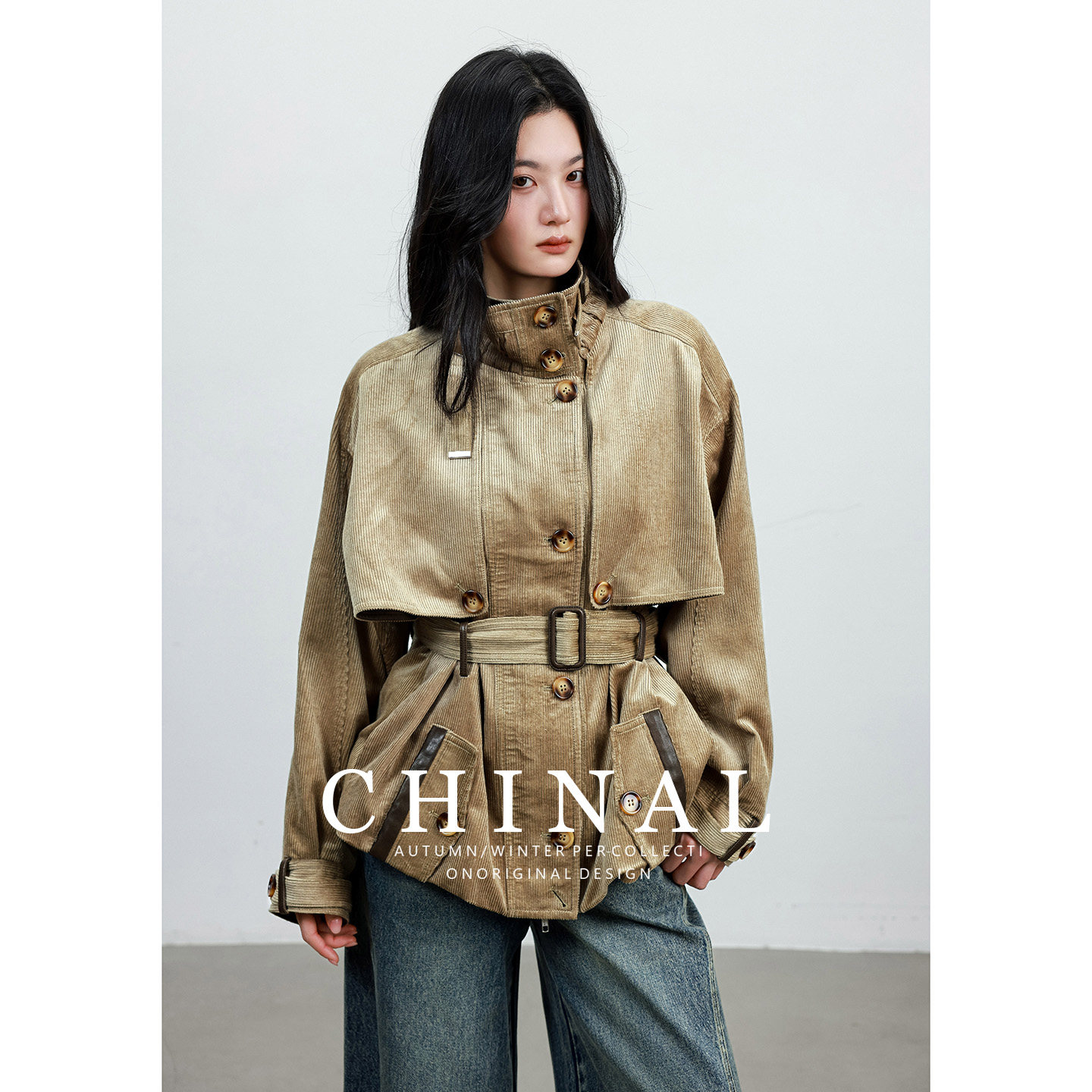 CHINAL秋装复古酷飒松弛工装风立翻领落肩束腰廓形短款风衣外套女