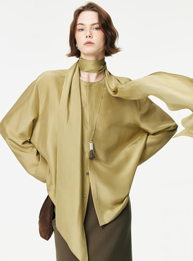 2026春新款重磅醋酸真丝缎/轻奢知性感长袖围裹式飘带领衬衫上衣