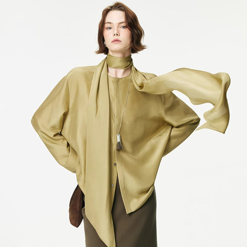 2026春新款重磅醋酸真丝缎/轻奢知性感长袖围裹式飘带领衬衫上衣