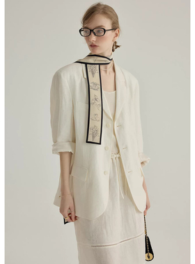 2026春装新款精致通勤进口全亚麻提花西装外套/半裙雅痞套装女