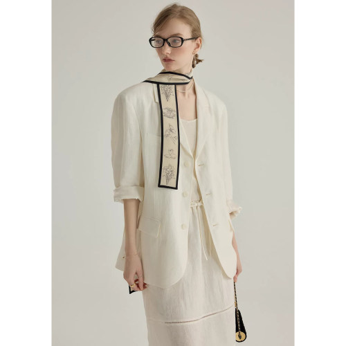 2026春装新款精致通勤进口全亚麻提花西装外套/半裙雅痞套装女