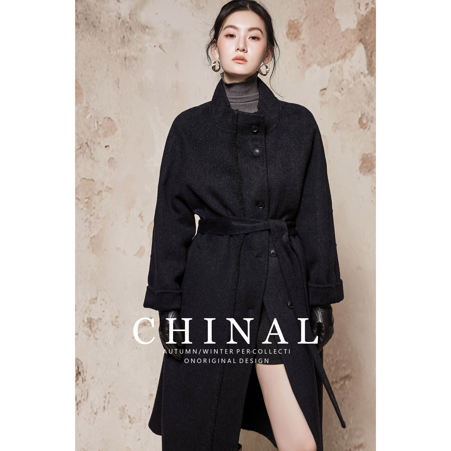 CHINAL冬装新款极简风中长款系带羊毛呢子外套女立领双面羊绒大衣