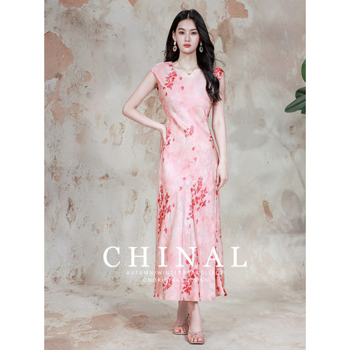 CHINAL45度斜裁桑蚕收腰长裙改良旗袍裙长裙无袖气质真丝连衣裙子