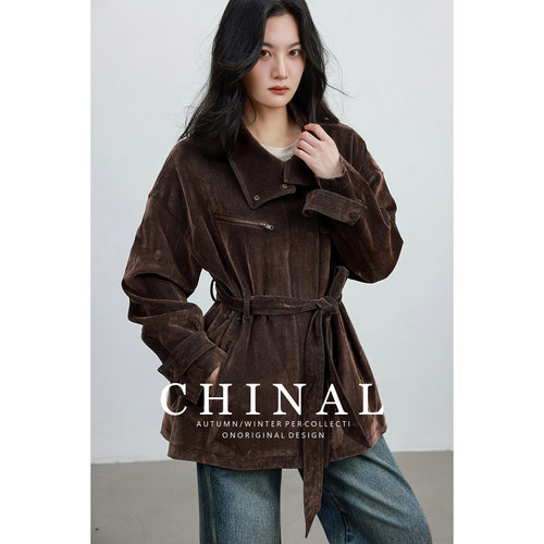 CHINA秋装新款奢牌同款复古人字纹立翻领植绒牛仔系带短风衣外套