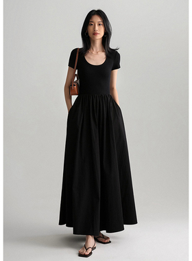 2025夏季新款极简设计竹纤维拼接长绒棉修身T恤伞摆长款连衣裙子