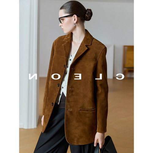 2025秋装新款美式进口混种羊羊皮绒真皮皮衣西装半裙两件套套装女