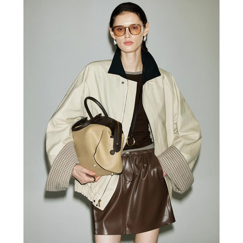 2026早春新款极简复古巴恩风撞色格纹插袋廓形翻领夹克短外套女