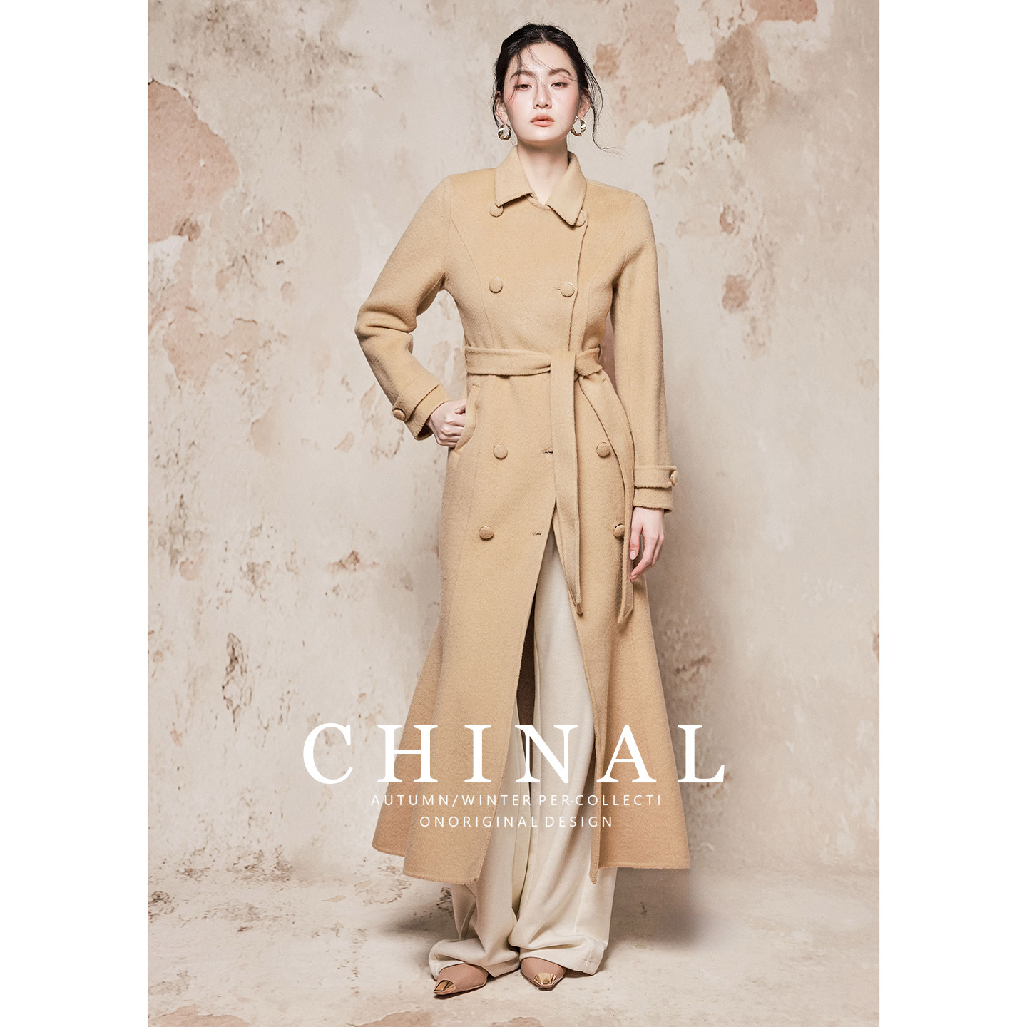 CHINAL冬装新款极简风双排扣中长款羊毛呢子外套女双面呢羊绒大衣