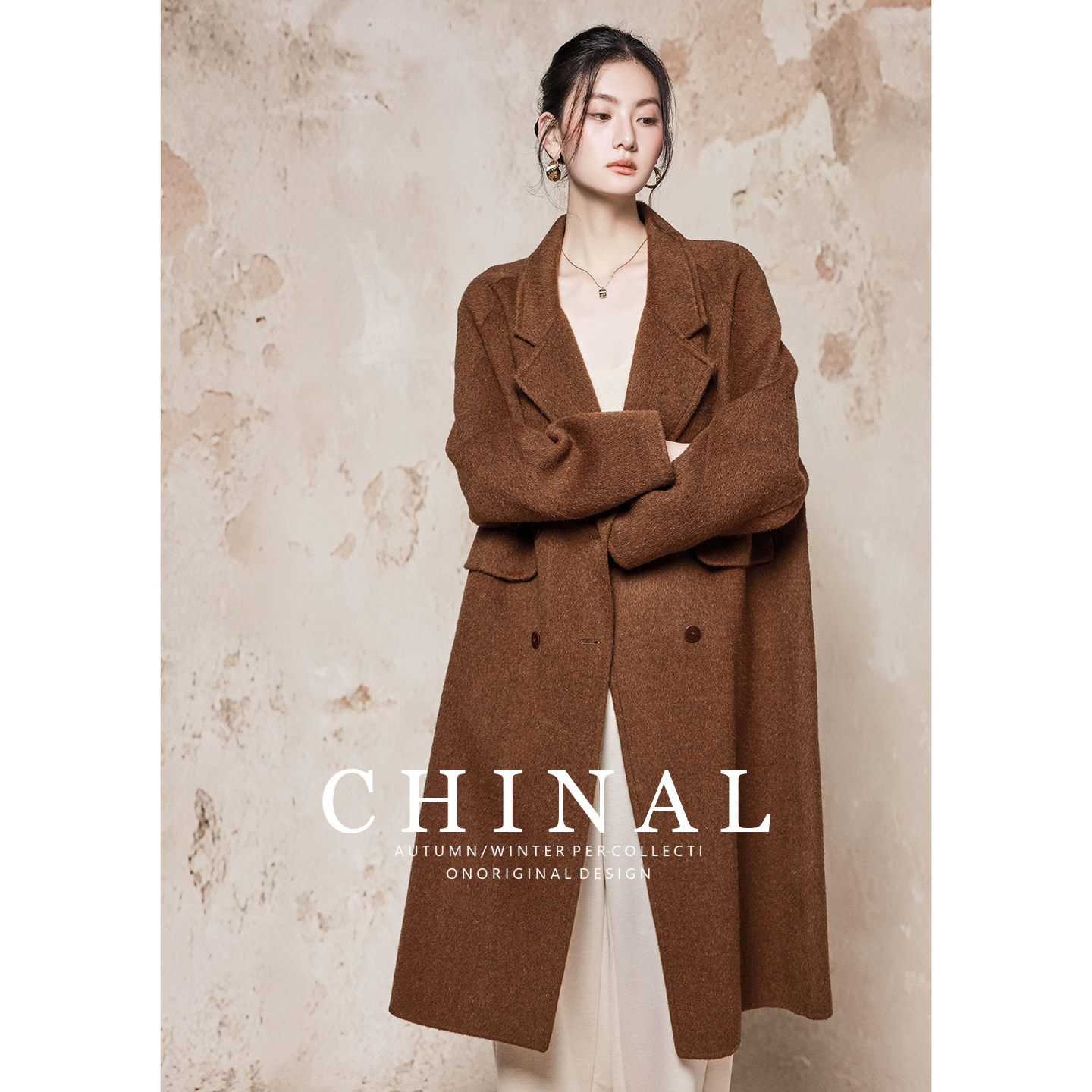 CHINAL冬装新款极简风双排扣中长款羊毛呢外套女双面呢羊绒大衣