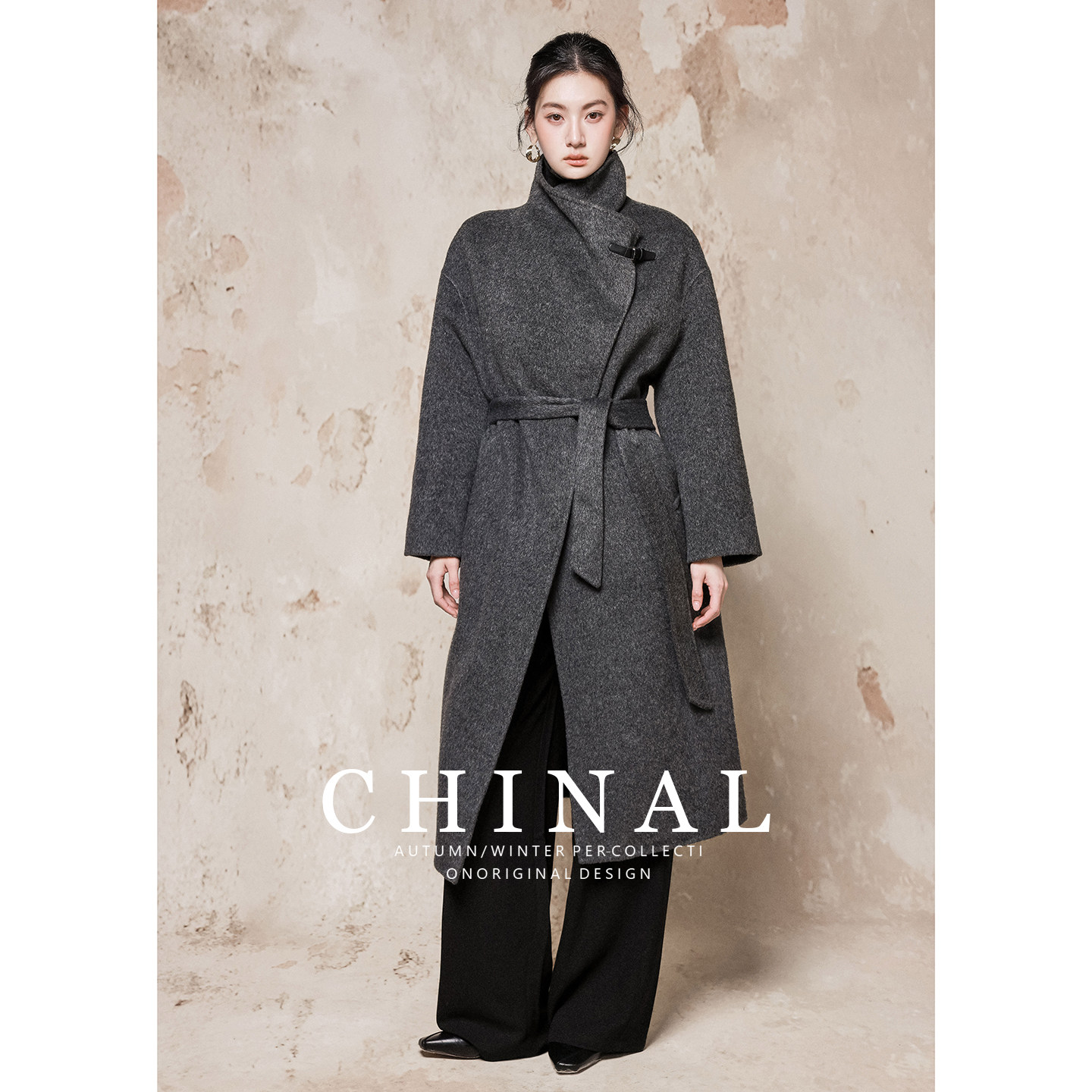 CHINAL冬新款极简设计系带中长款羊毛呢外套灰色双面呢羊绒大衣女