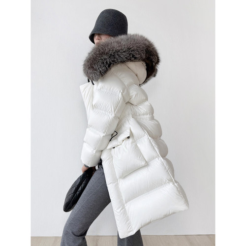 2025冬装新款抗寒保暖95白鹅绒连帽银狐毛大毛领中长羽绒服外套女