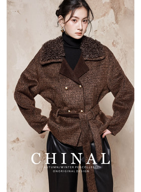 CHINAL冬装新款风系带羊羔毛领外套女美拉德双面呢羊绒大衣