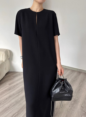 2026夏新款极简Row风日本三醋酸真丝短袖后开叉显瘦连衣裙长裙女