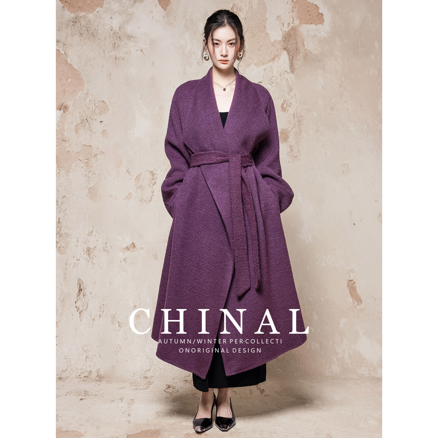 CHINAL冬装高端大翻领显瘦中长款羊毛呢外套紫色双面呢羊绒大衣女
