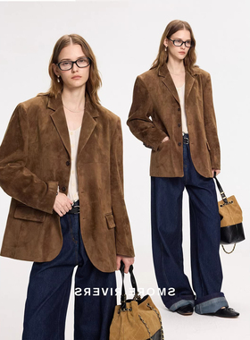 2026春装新款高级感设计英国进口羊反绒麂皮显瘦百搭小西装外套女