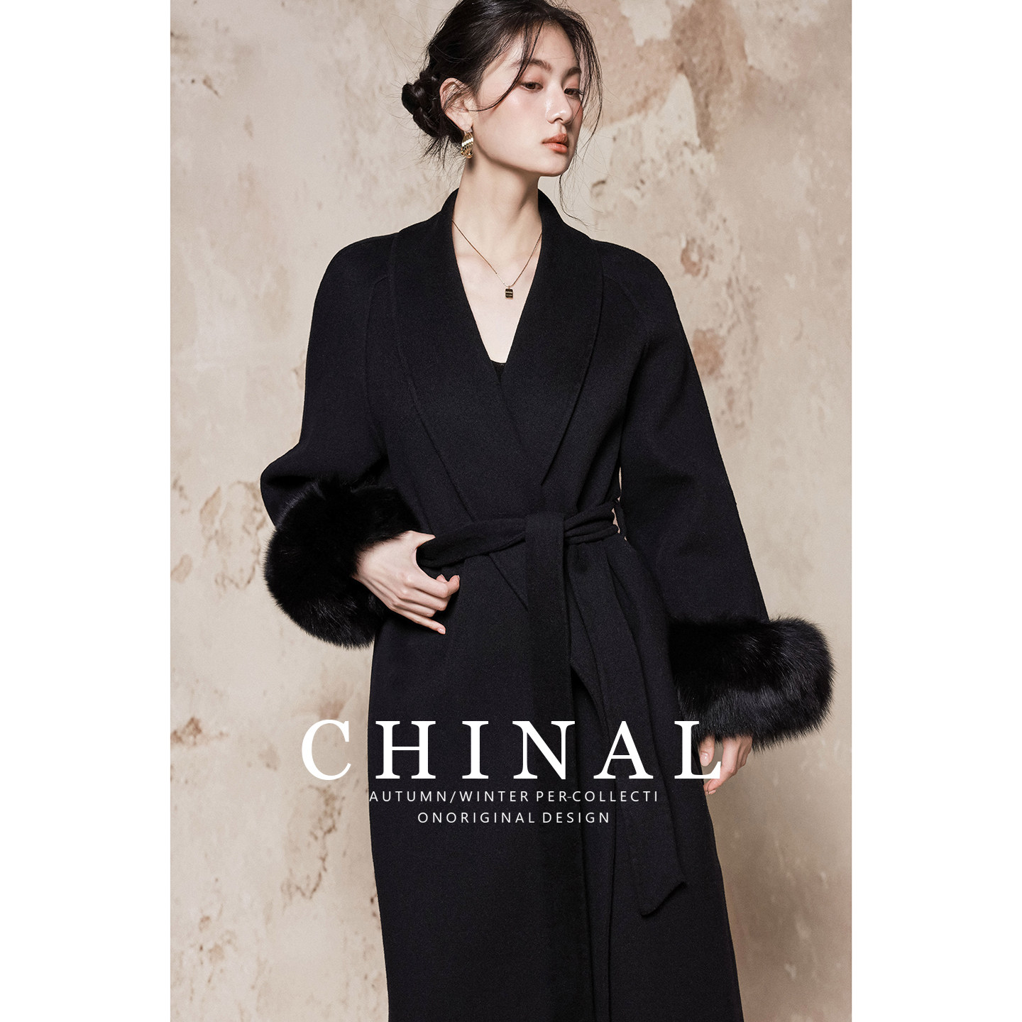 CHINAL冬装大牌风中长款羊毛呢外套女狐狸毛黑色双面呢山羊绒大衣