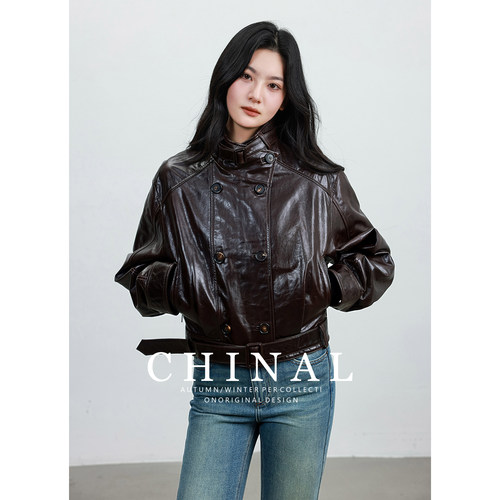 CHINAL进口油蜡羊皮短款真皮皮衣女老钱风双排扣机车夹克外套