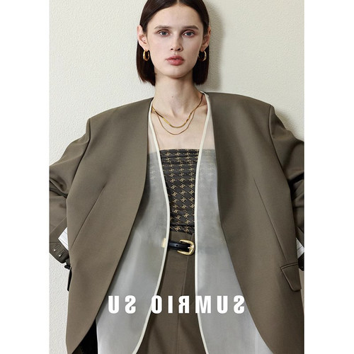 2025春装新款高端极简R0W风无领精纺羊毛西装/长半裙两件套装女