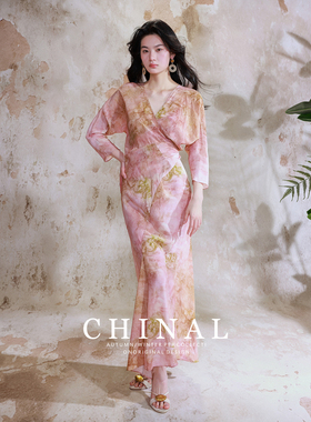 CHINAL 夏季新款桑蚕丝艺术晕染真丝围裹绑带收腰连衣裙真丝长裙