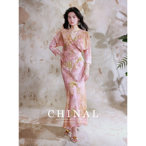CHINAL 夏季新款桑蚕丝艺术晕染真丝围裹绑带收腰连衣裙真丝长裙
