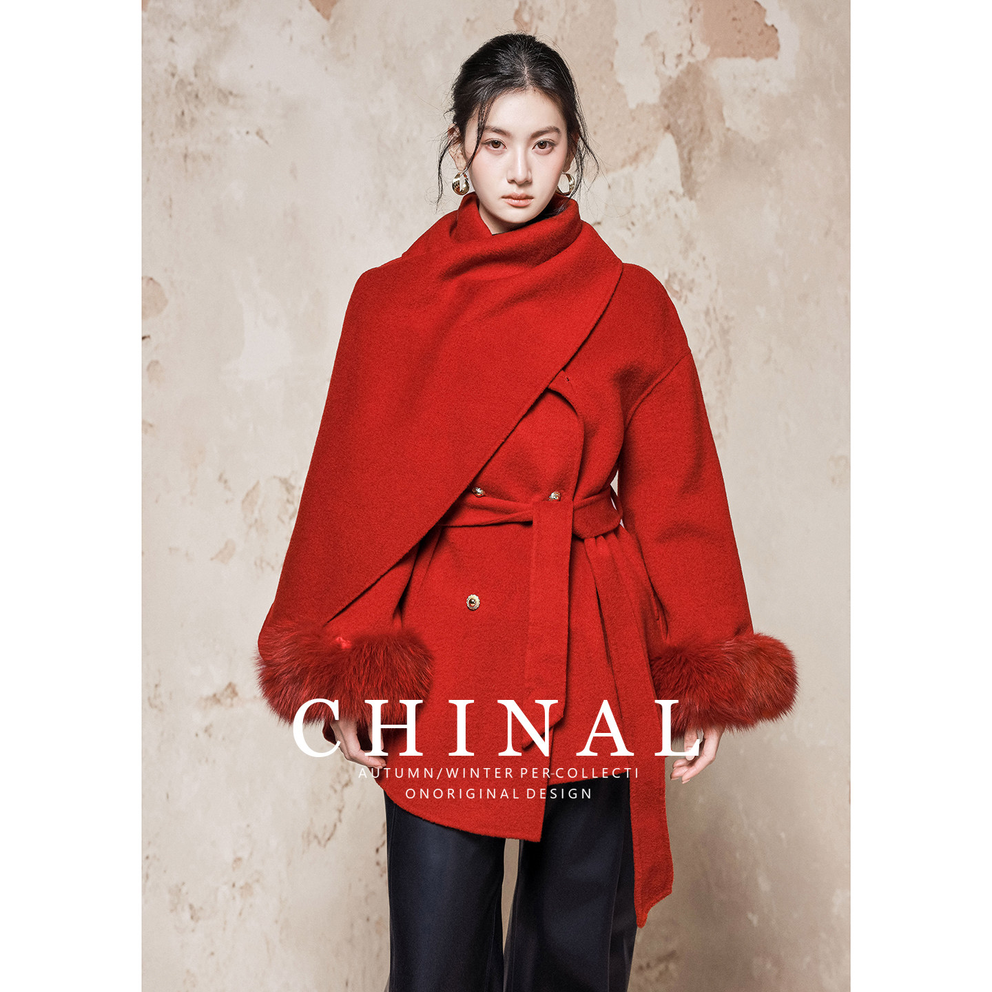CHINAL冬新款大牌围巾领狐狸毛袖系带双面呢羊毛呢羊绒大衣外套女
