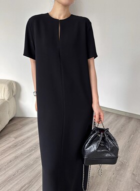 2025夏新款极简Row风日本三醋酸真丝短袖后开叉显瘦连衣裙长裙女