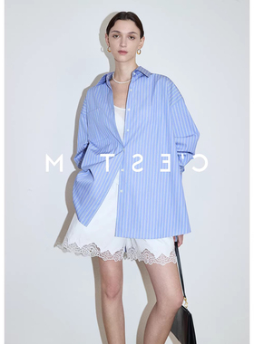 2026春装新款极简长绒棉复古条纹衬衣BF男友风OVERSIZE廓形衬衫女