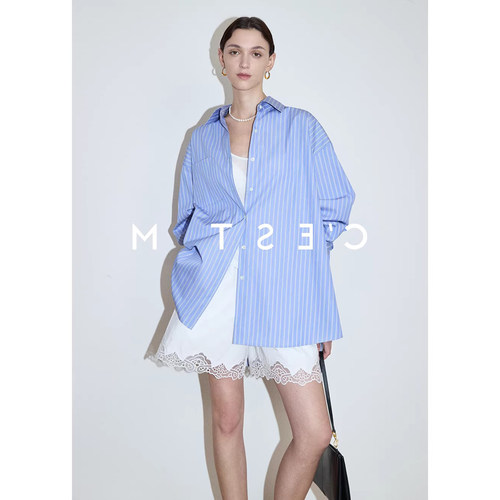 2026春装新款极简长绒棉复古条纹衬衣BF男友风OVERSIZE廓形衬衫女