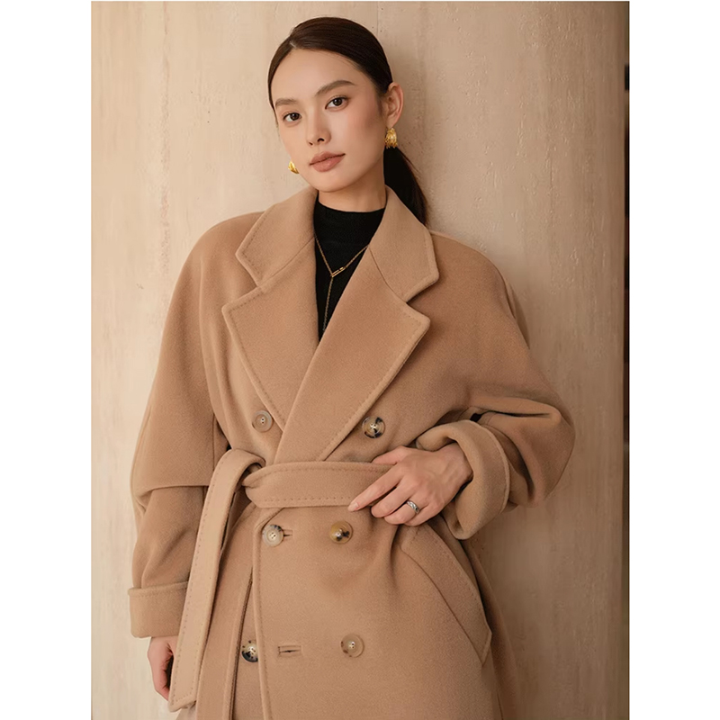 M家101801进口羊绒大衣女2025新款双排扣经典驼色中长款毛呢外套