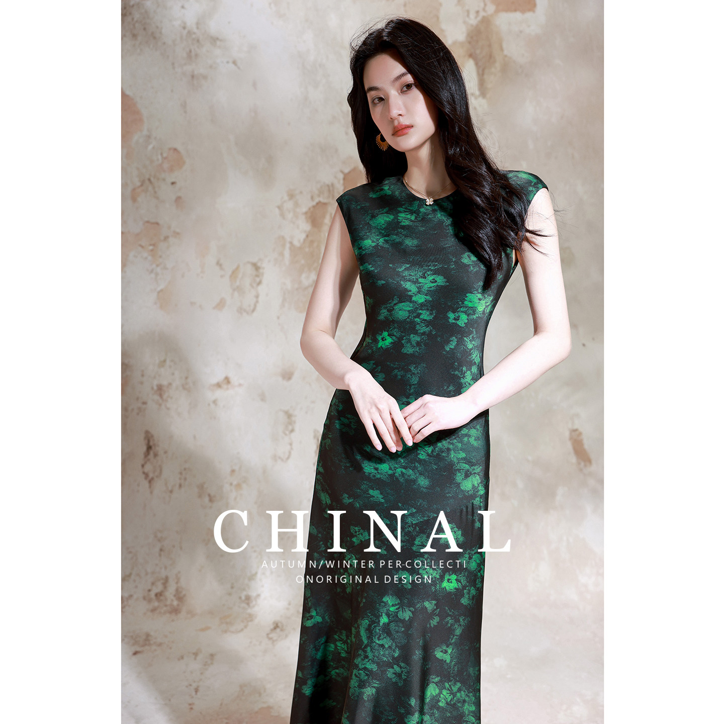 CHINA夏季新款斜裁真丝无袖连衣裙女高级感气质印花桑蚕丝长裙子