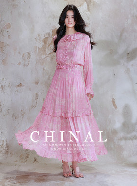 CHINAL夏季新款温柔风度假人丝5米超大摆连衣裙长裙复古仙气纱裙