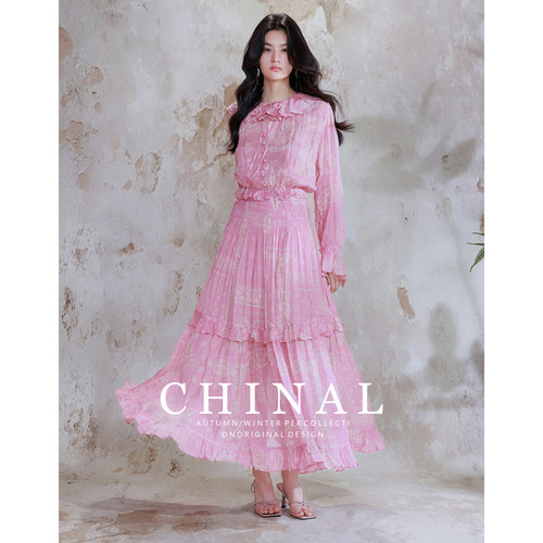 CHINAL夏季新款温柔风度假人丝5米超大摆连衣裙长裙复古仙气纱裙