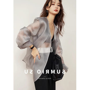 2026早春极简朦胧仙气飘逸真丝欧根纱假两件无领西装式防晒上衣女