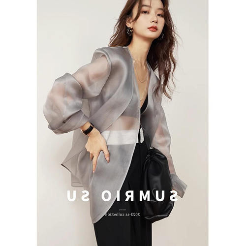 2026早春极简朦胧仙气飘逸真丝欧根纱假两件无领西装式防晒上衣女