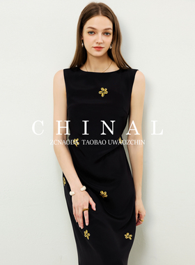 CHINAL夏季新款6A级桑蚕丝28姆米真丝显瘦无袖印花黑色连衣裙长裙