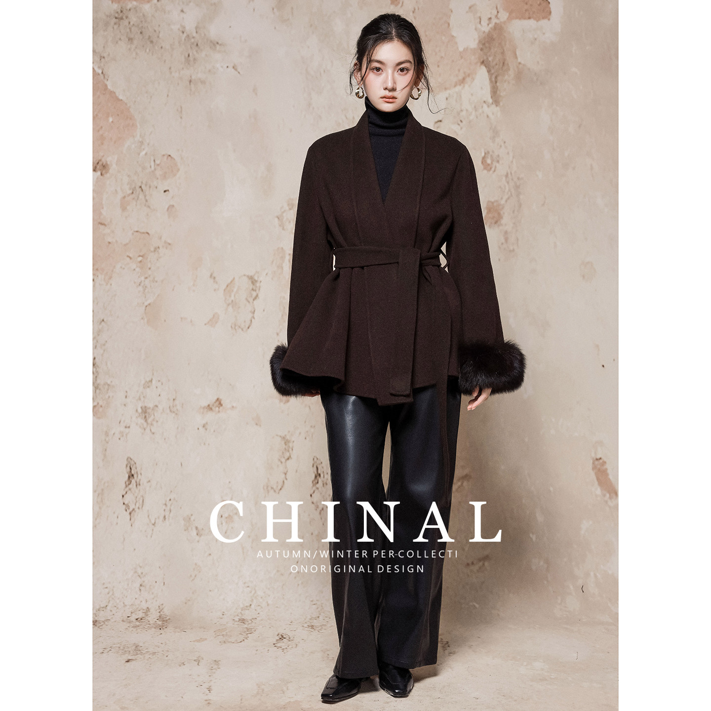 CHINAL冬装新款高奢极简系带羊毛呢外套女狐狸毛袖双面呢羊绒大衣