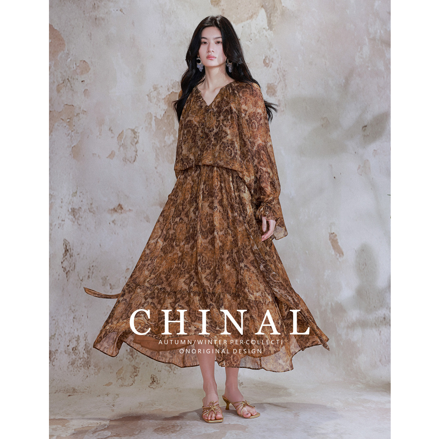CHINAL夏装新款温柔风气质织金假两件连衣裙子女雪纺漂亮印花长裙