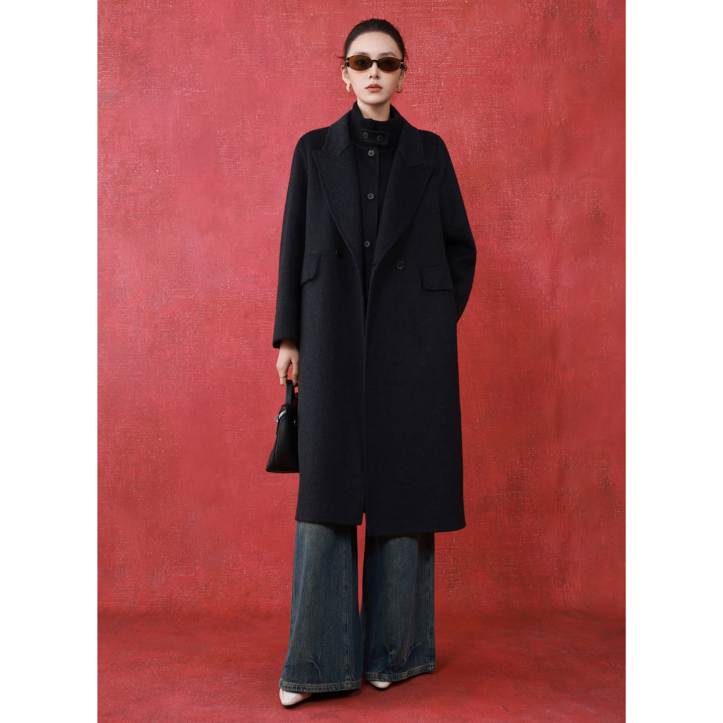 2025冬装高级感设计100%澳毛美丽诺双面羊毛羊绒大衣两件套外套女