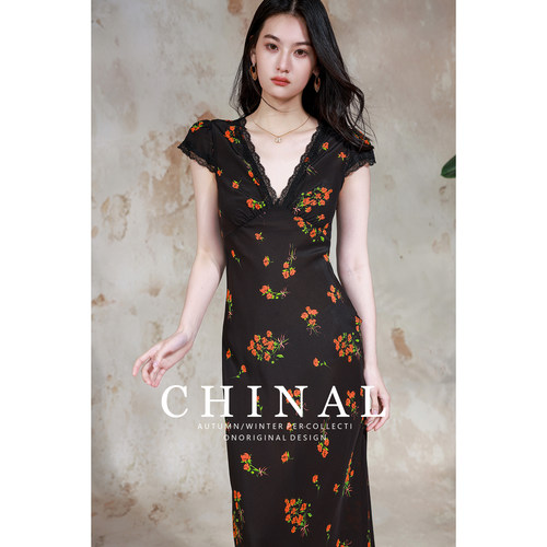 CHINAL夏斜裁双绉桑蚕丝印花连衣裙法式蕾丝V领收腰碎花真丝长裙