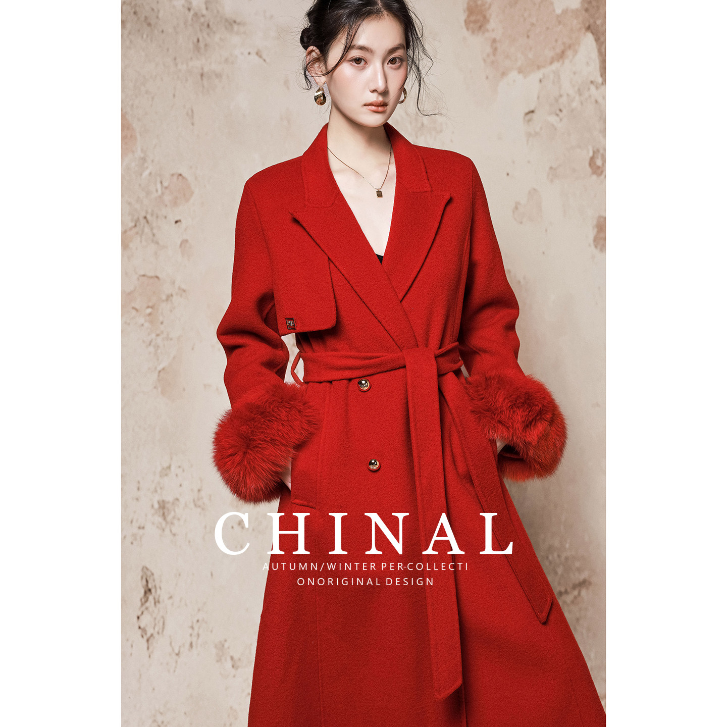 CHINAL冬装新款韩版时尚中长款绵羊毛外套女狐狸毛袖双面羊绒大衣