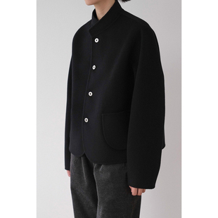 2025冬装极简高奢短款黑色美利奴混山羊绒小立领双面呢大衣外套女