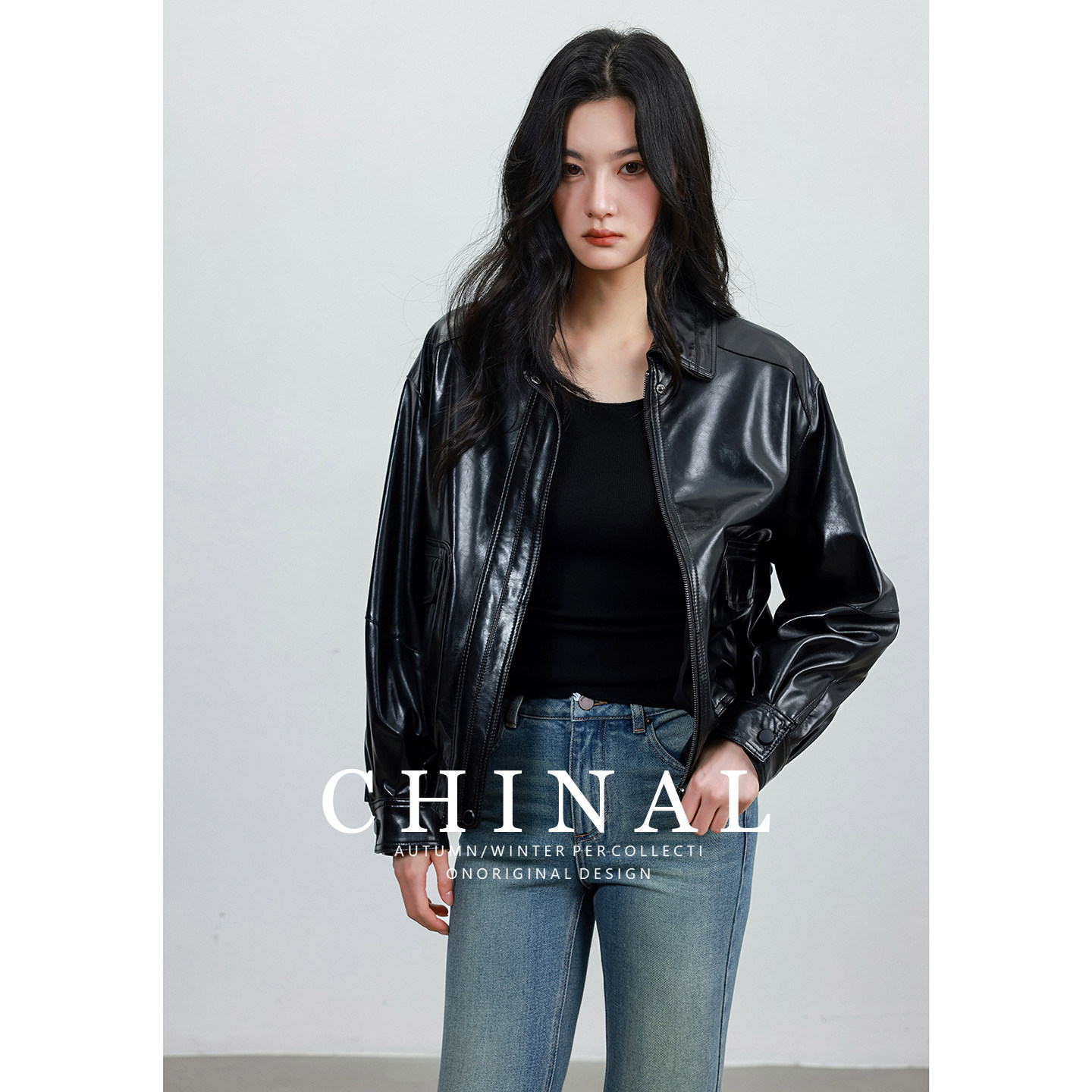 CHINAL秋装新款进口100%羊皮丨翻领超软小羊皮皮夹克皮衣外套女